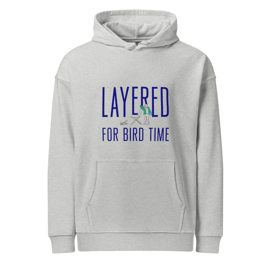 Bird Watching Hoodie in Heather Grey, front view: LAYERED FOR BIRD TIME with a watcher, a chair and binoculars