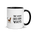 Bird watching mug with black inside, 11 oz, handle on the right: THE VIEW GOES BOTH WAYS beside a bird on the sill and an empty chair