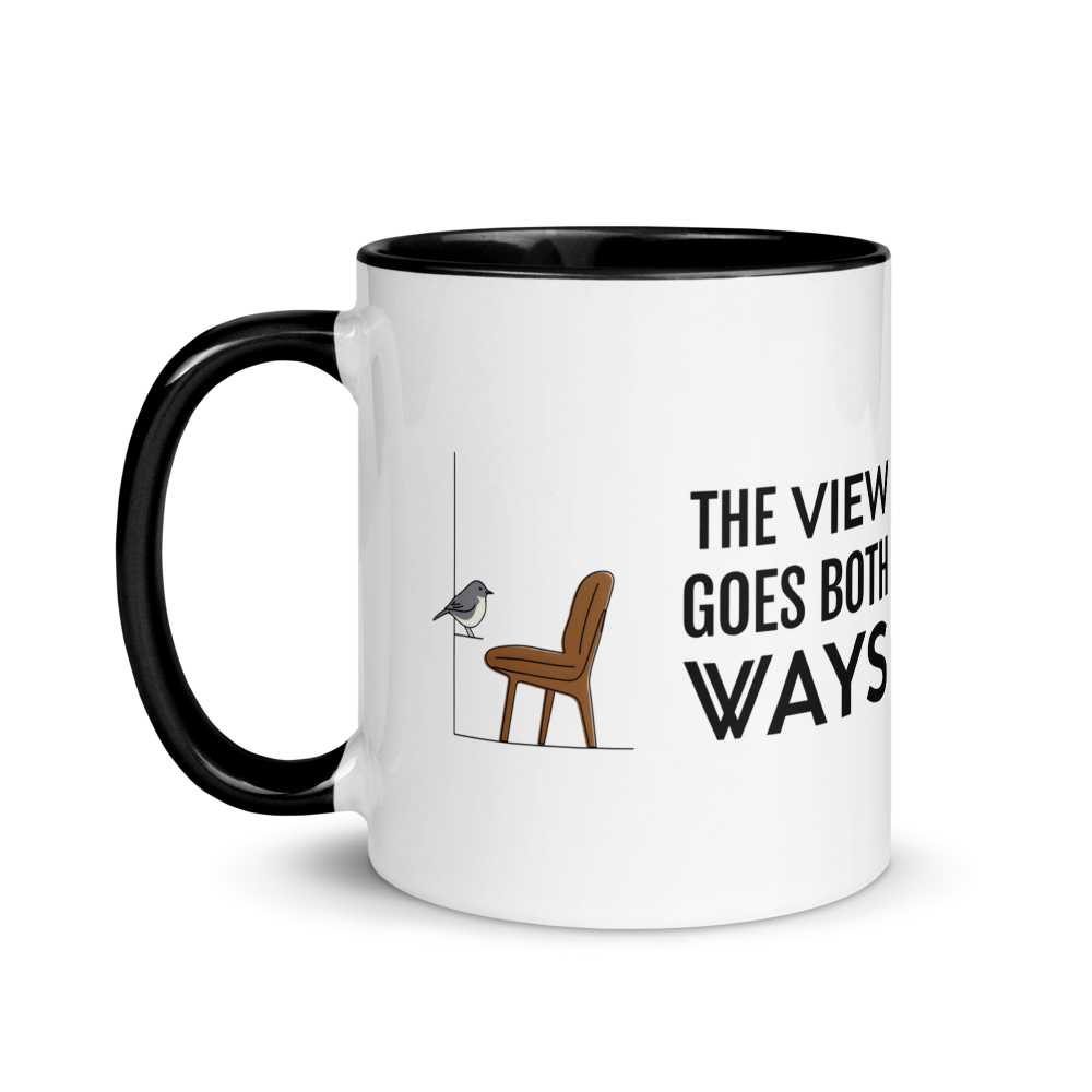 Bird watching mug with black inside, 11 oz, handle on the left: the same design printed on the other side, so it faces out in either hand