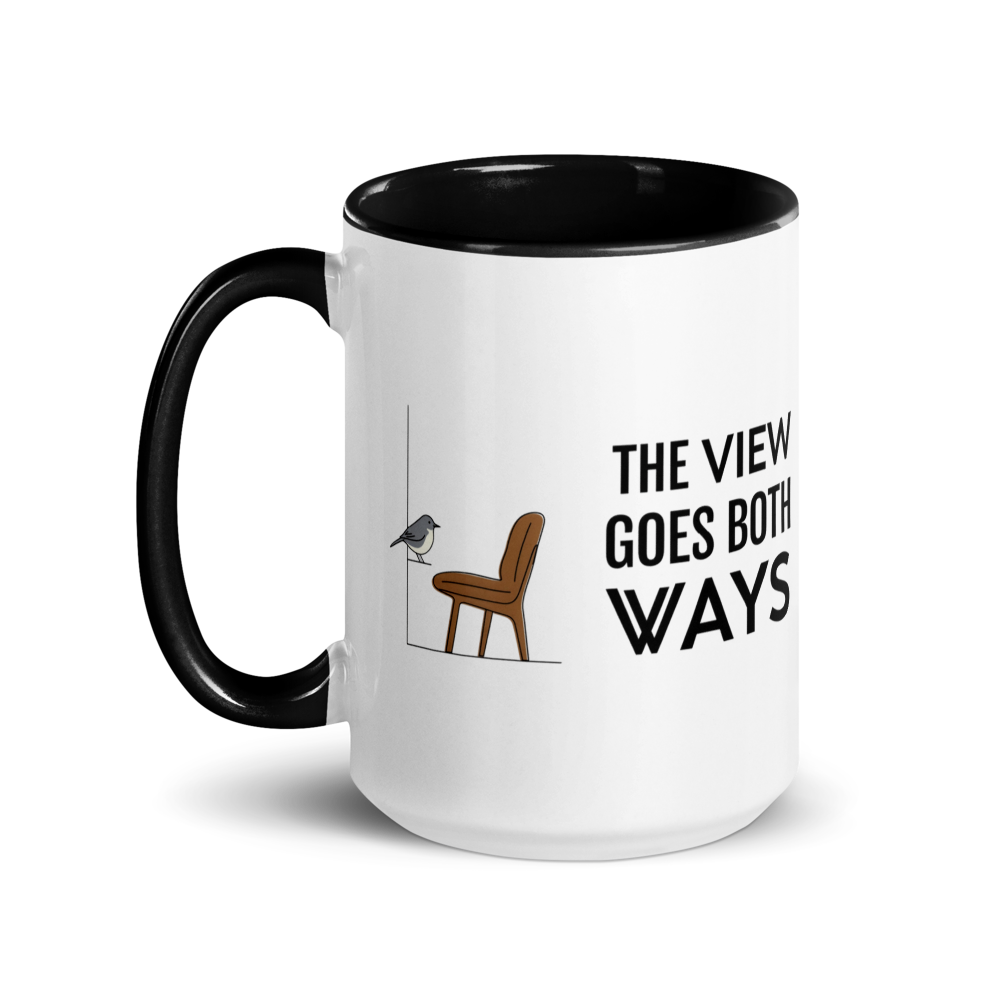Bird watching mug with black inside, 15 oz, handle on the left: the same design printed on the other side, so it faces out in either hand