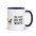 Bird watching mug with dark blue inside, 11 oz, handle on the right: THE VIEW GOES BOTH WAYS beside a bird on the sill and an empty chair
