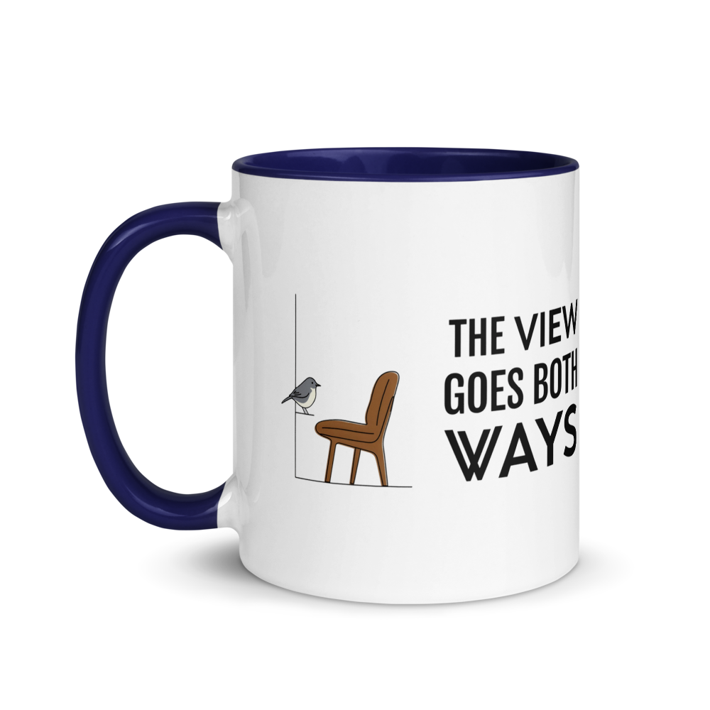 Bird watching mug with dark blue inside, 11 oz, handle on the left: the same design printed on the other side, so it faces out in either hand