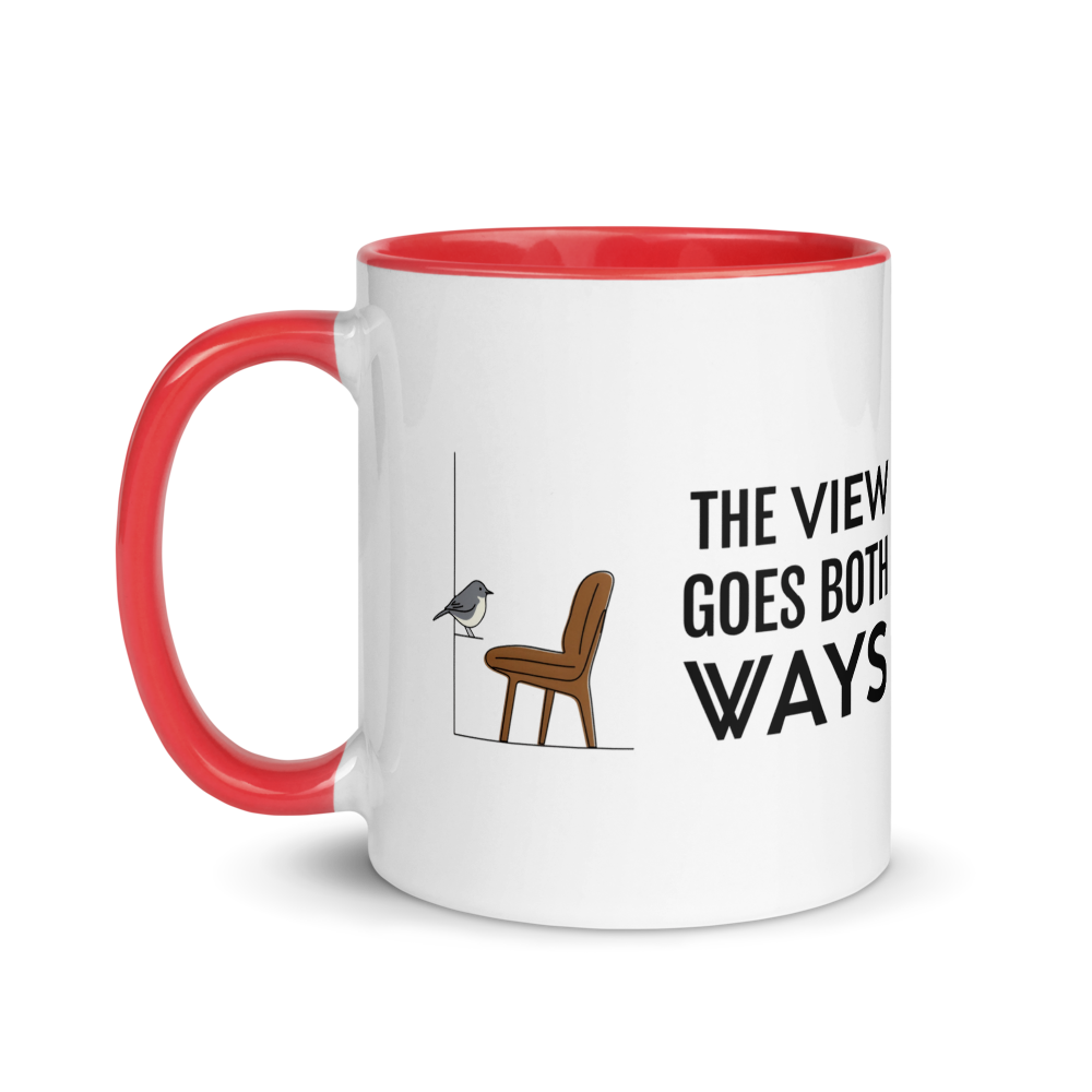 Bird watching mug with red inside, 11 oz, handle on the left: the same design printed on the other side, so it faces out in either hand