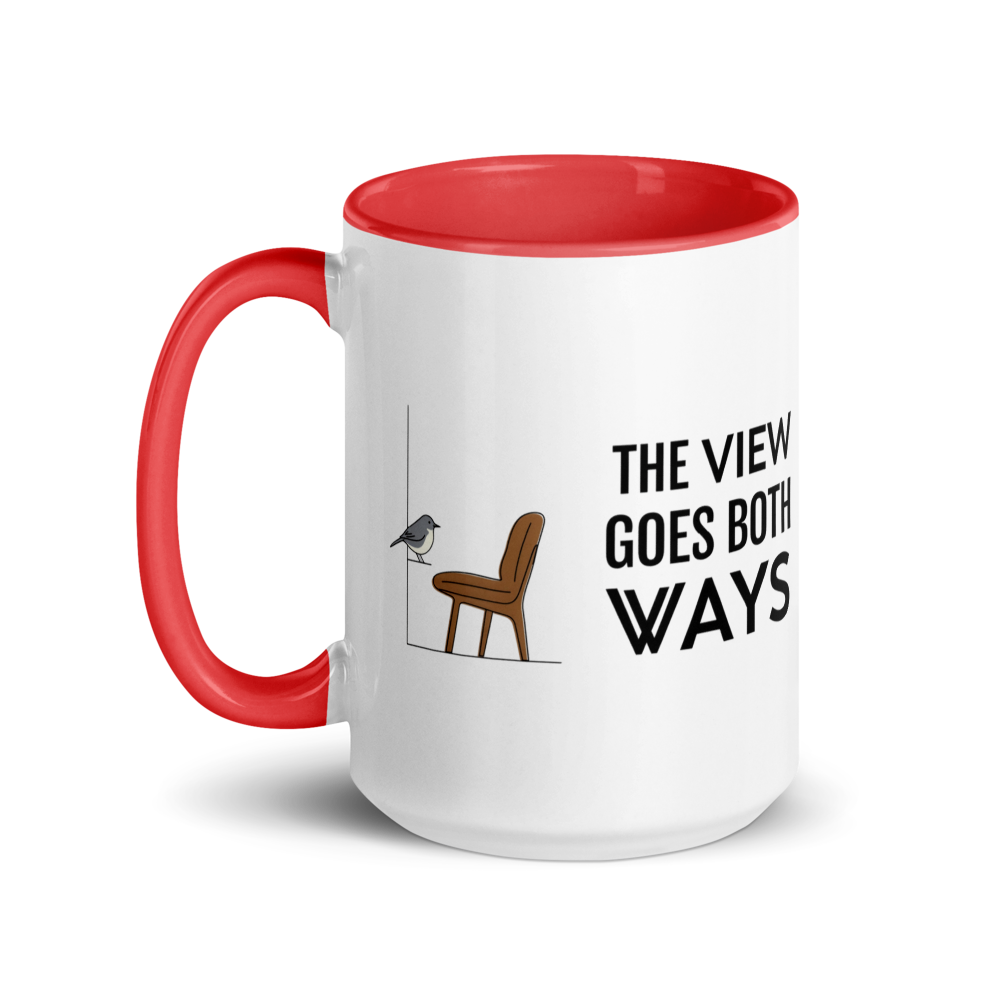 Bird watching mug with red inside, 15 oz, handle on the left: the same design printed on the other side, so it faces out in either hand