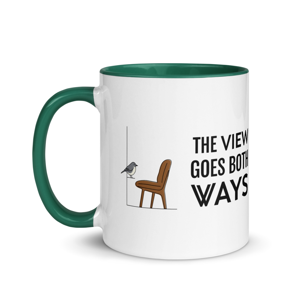Bird watching mug with dark green inside, 11 oz, handle on the left: the same design printed on the other side, so it faces out in either hand