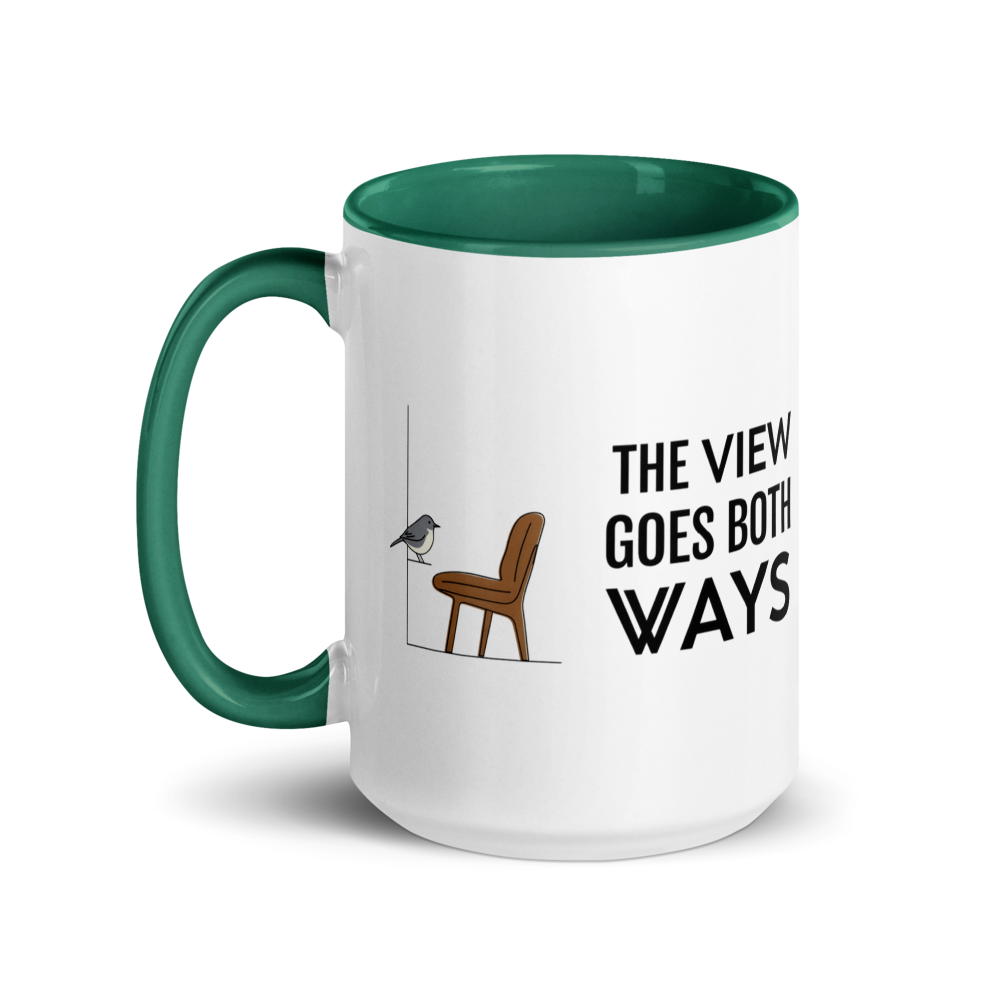 Bird watching mug with dark green inside, 15 oz, handle on the left: the same design printed on the other side, so it faces out in either hand