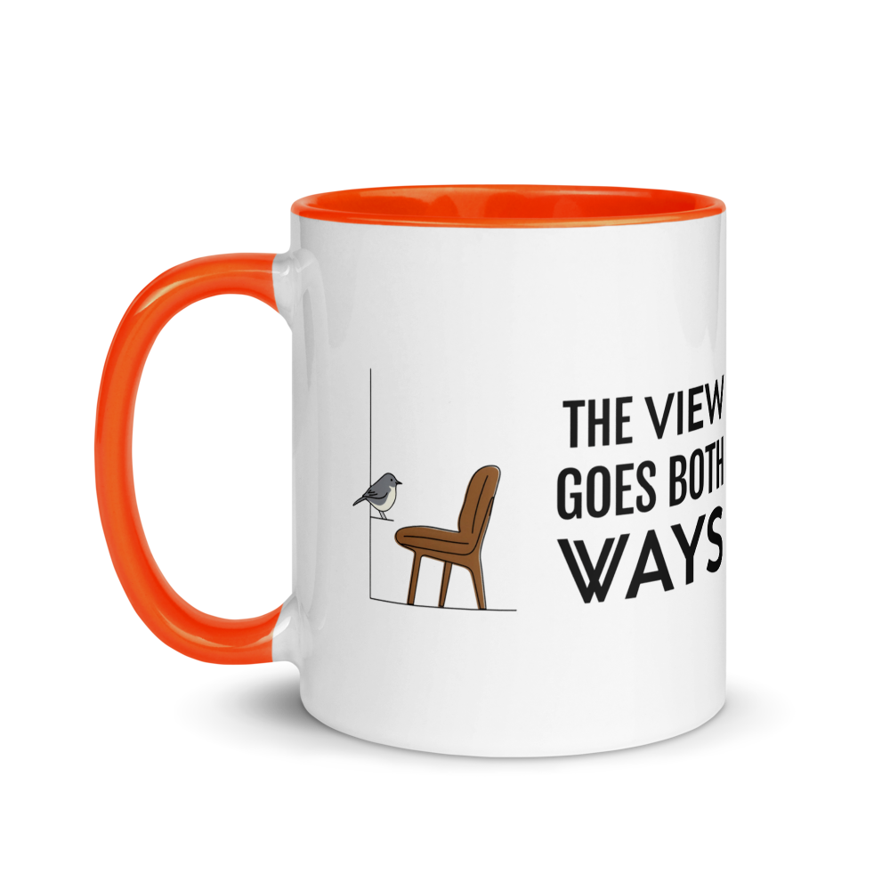 Bird watching mug with orange inside, 11 oz, handle on the left: the same design printed on the other side, so it faces out in either hand