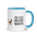 Bird watching mug with blue inside, 11 oz, handle on the right: THE VIEW GOES BOTH WAYS beside a bird on the sill and an empty chair