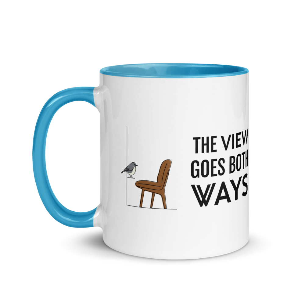 Bird watching mug with blue inside, 11 oz, handle on the left: the same design printed on the other side, so it faces out in either hand