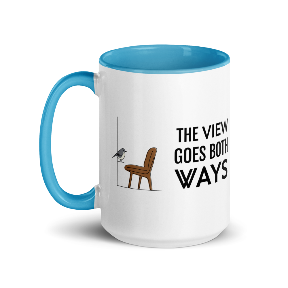 Bird watching mug with blue inside, 15 oz, handle on the left: the same design printed on the other side, so it faces out in either hand