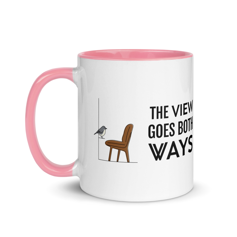 Bird watching mug with pink inside, 11 oz, handle on the left: the same design printed on the other side, so it faces out in either hand