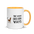 Bird watching mug with golden yellow inside, 11 oz, handle on the right: THE VIEW GOES BOTH WAYS beside a bird on the sill and an empty chair