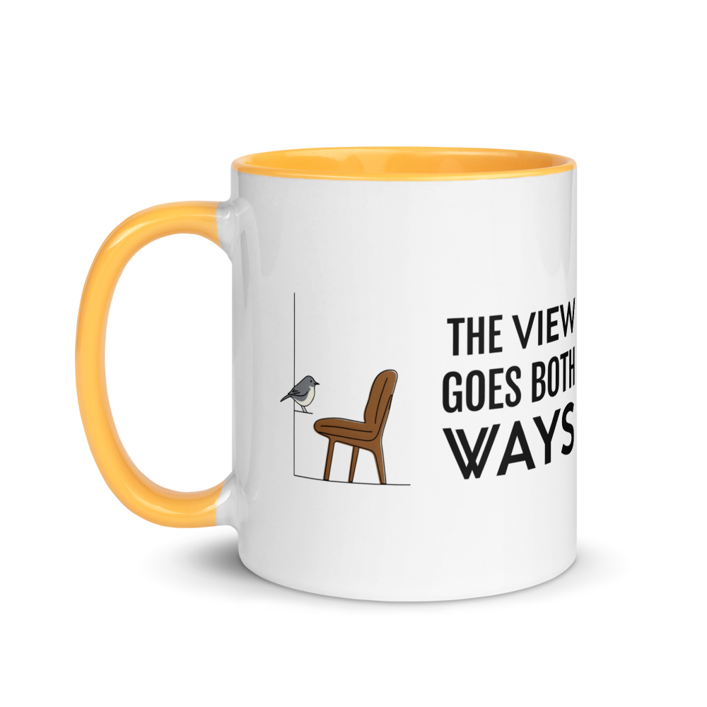 Bird watching mug with golden yellow inside, 11 oz, handle on the left: the same design printed on the other side, so it faces out in either hand