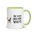 Bird watching mug with green inside, 11 oz, handle on the right: THE VIEW GOES BOTH WAYS beside a bird on the sill and an empty chair