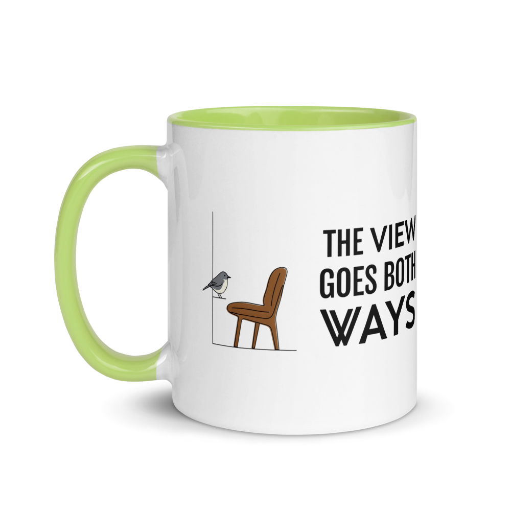 Bird watching mug with green inside, 11 oz, handle on the left: the same design printed on the other side, so it faces out in either hand