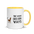 Bird watching mug with yellow inside, 11 oz, handle on the right: THE VIEW GOES BOTH WAYS beside a bird on the sill and an empty chair
