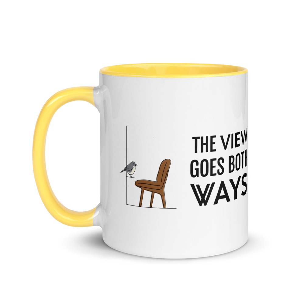 Bird watching mug with yellow inside, 11 oz, handle on the left: the same design printed on the other side, so it faces out in either hand