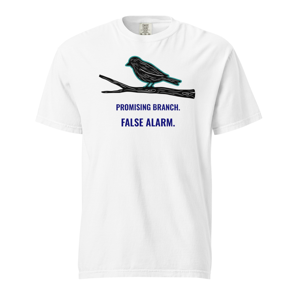 Bird Watching Shirt in White, front view: a bird-shaped branch above PROMISING BRANCH. FALSE ALARM.