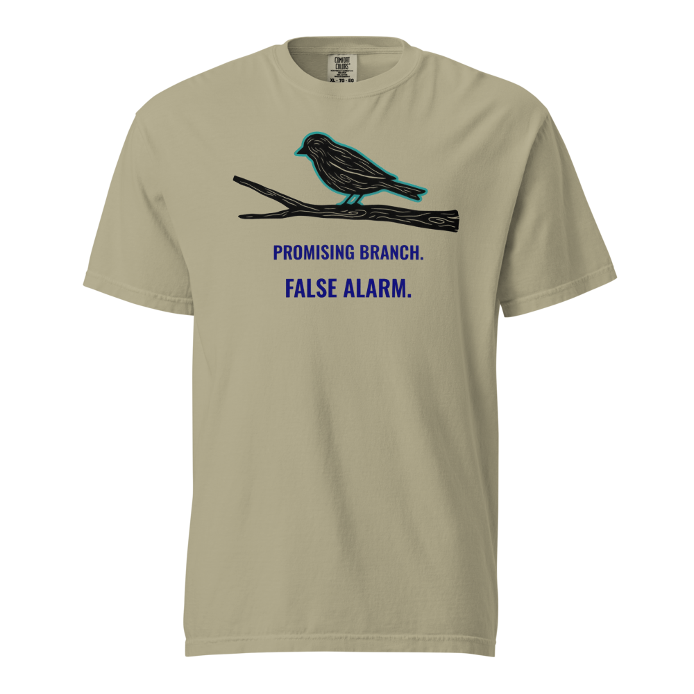Bird Watching Shirt in Khaki, front view: a bird-shaped branch above PROMISING BRANCH. FALSE ALARM.