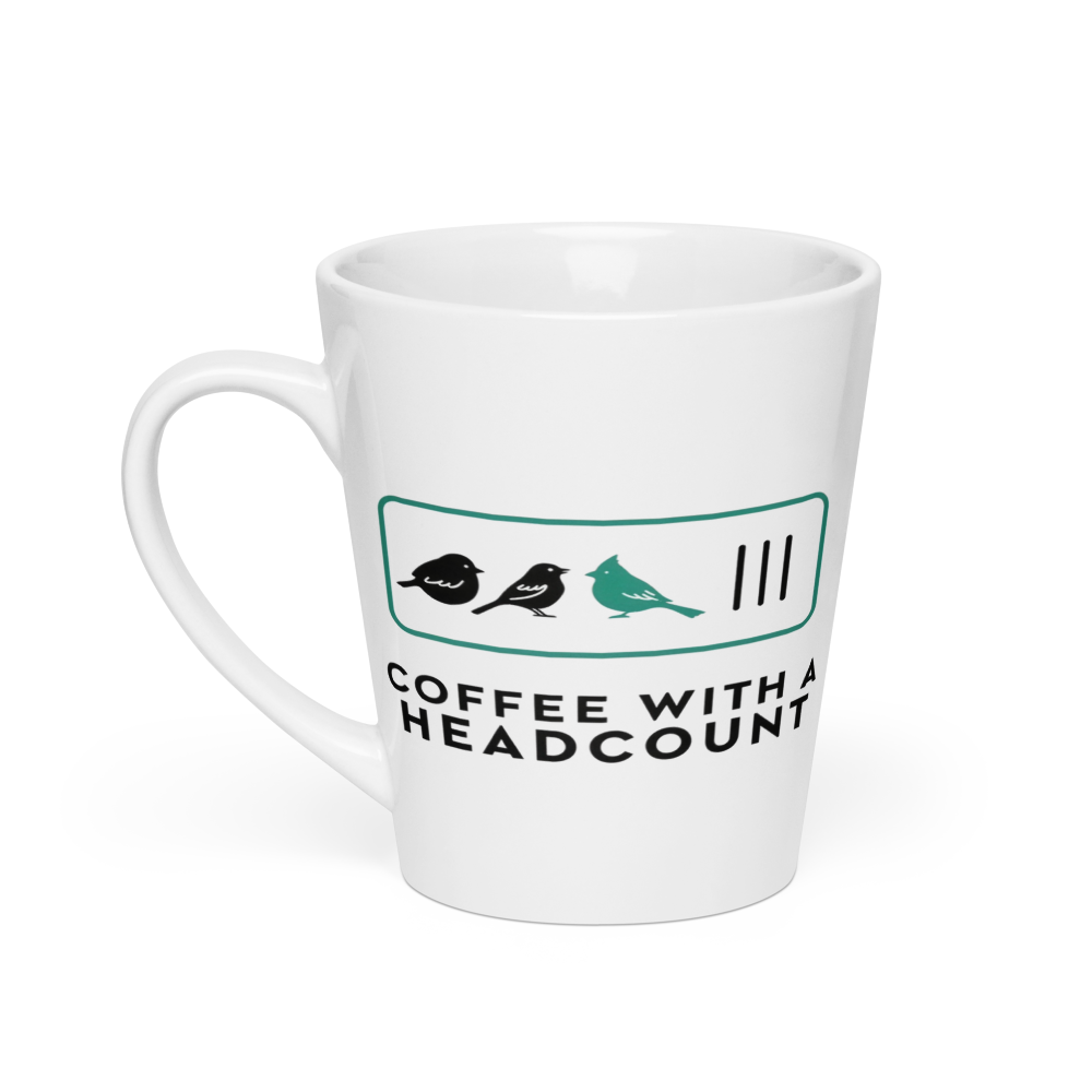 Birder gift mug, 12 oz latte, handle on the left: the same design printed on the other side, so it faces out in either hand