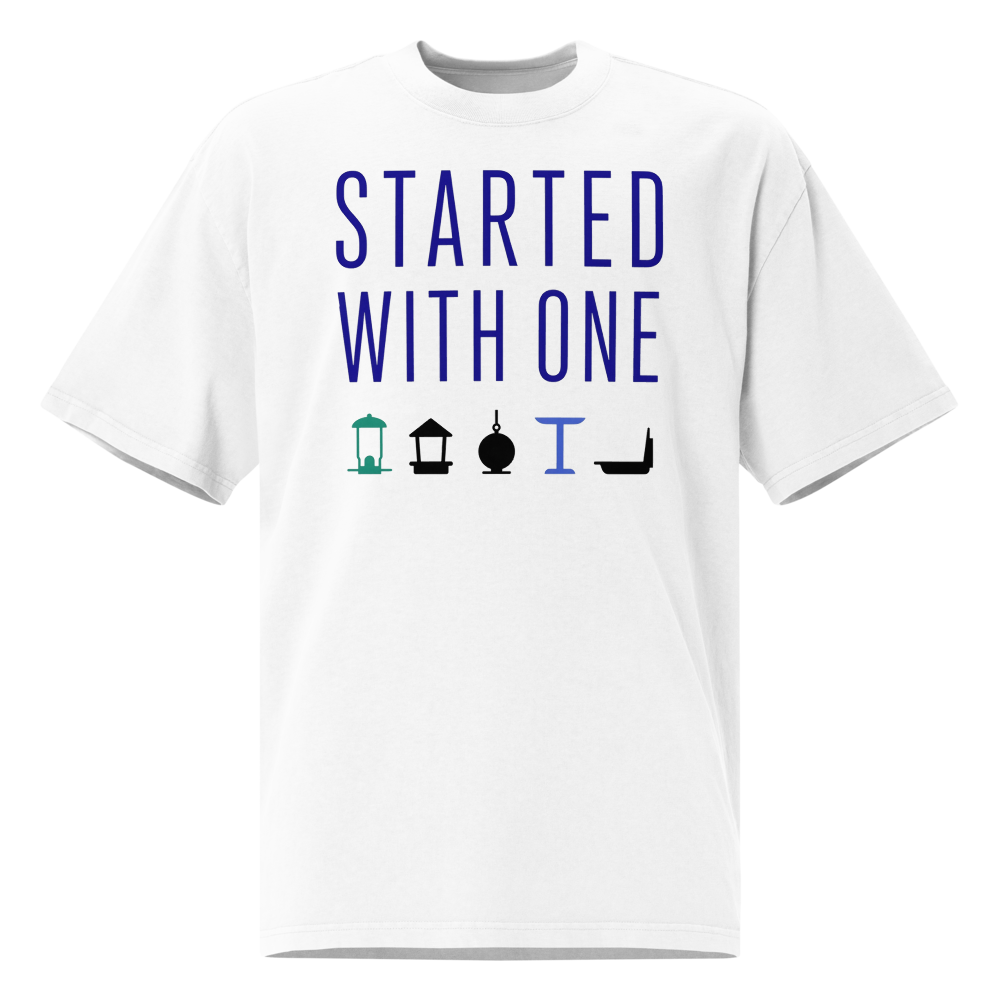 Birding Shirt in Faded White, front view: STARTED WITH ONE above a row of five bird feeders