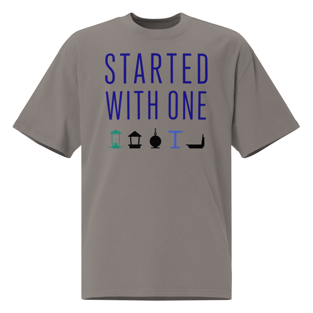 Birding Shirt in Faded Grey, front view: STARTED WITH ONE above a row of five bird feeders