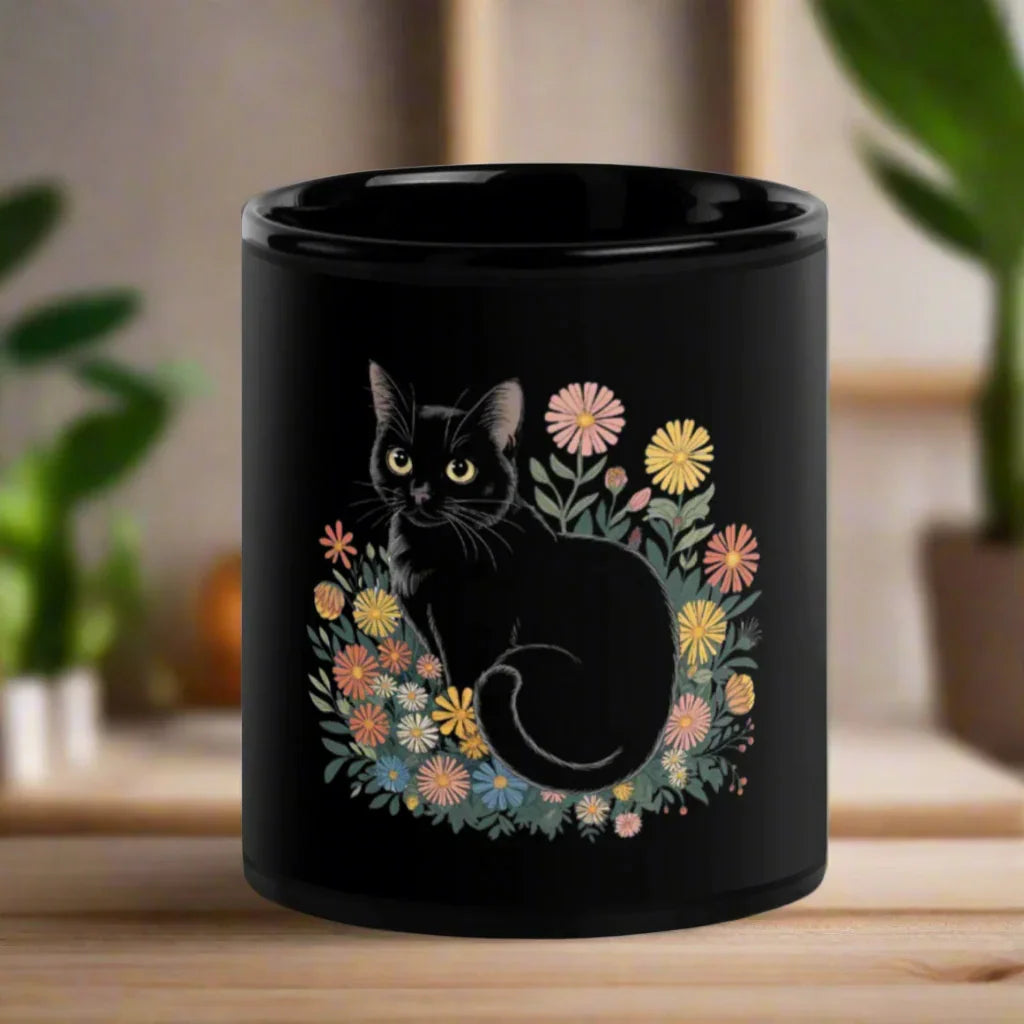 Love Black Cat Mug – Sleek Black Glossy Ceramic Coffee Cup - RaZits