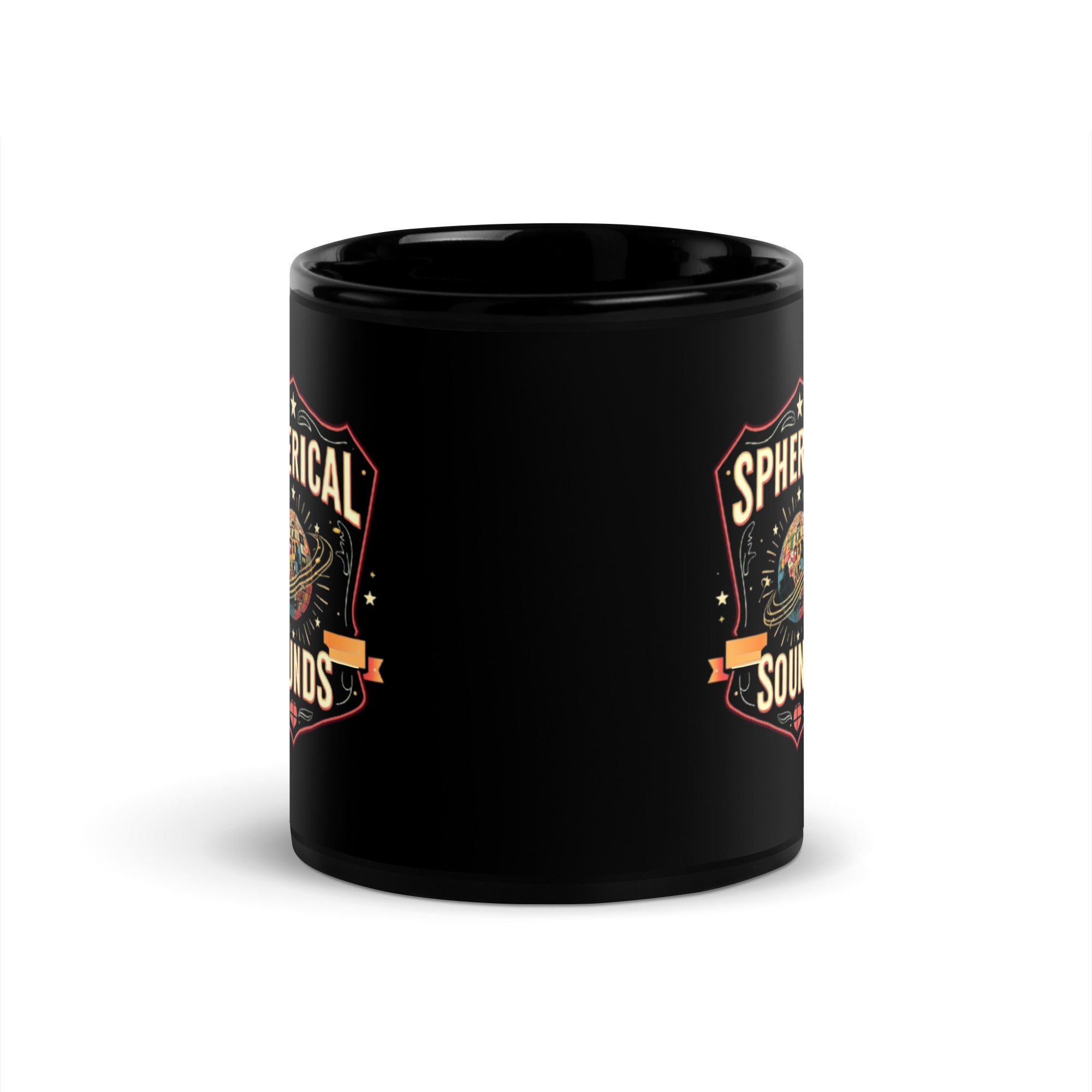 11 oz black mug, front view with the handle hidden, the edges of the two crest prints at left and right