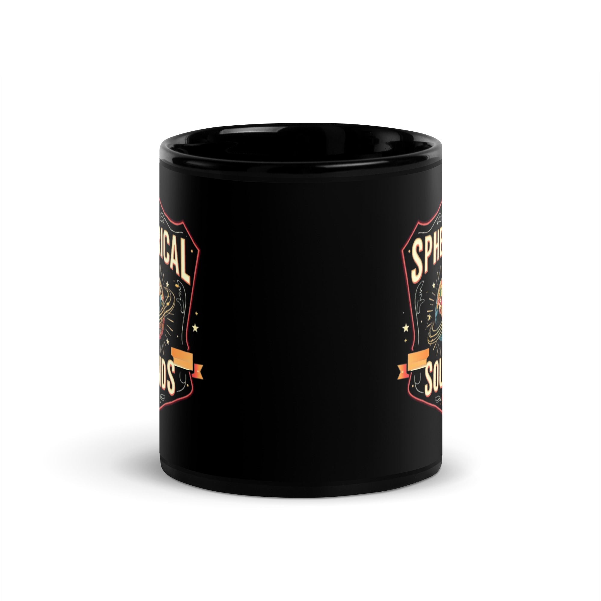 11 oz black glossy mug seen from the front, crest prints at both edges