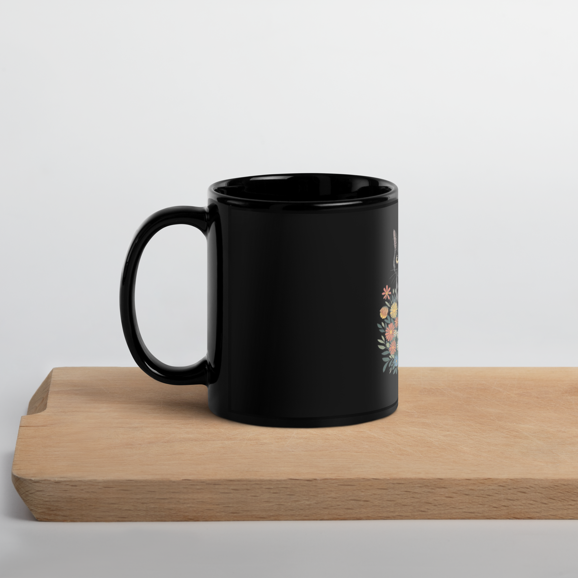 Love Black Cat Mug – Sleek Black Glossy Ceramic Coffee Cup.