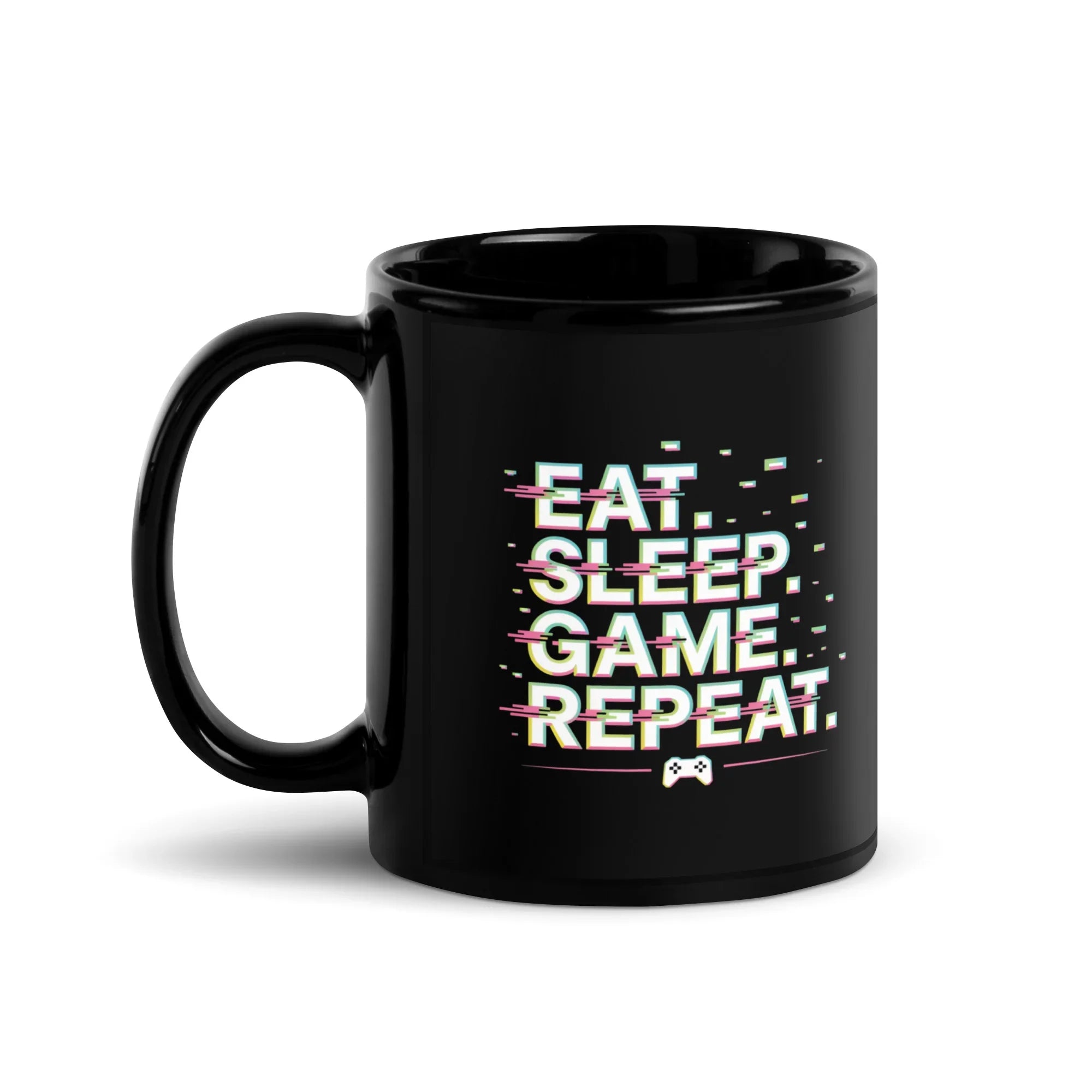 EAT. SLEEP. GAME. REPEAT. Mug | Gamer Routine & Glitch Art Design - RaZits
