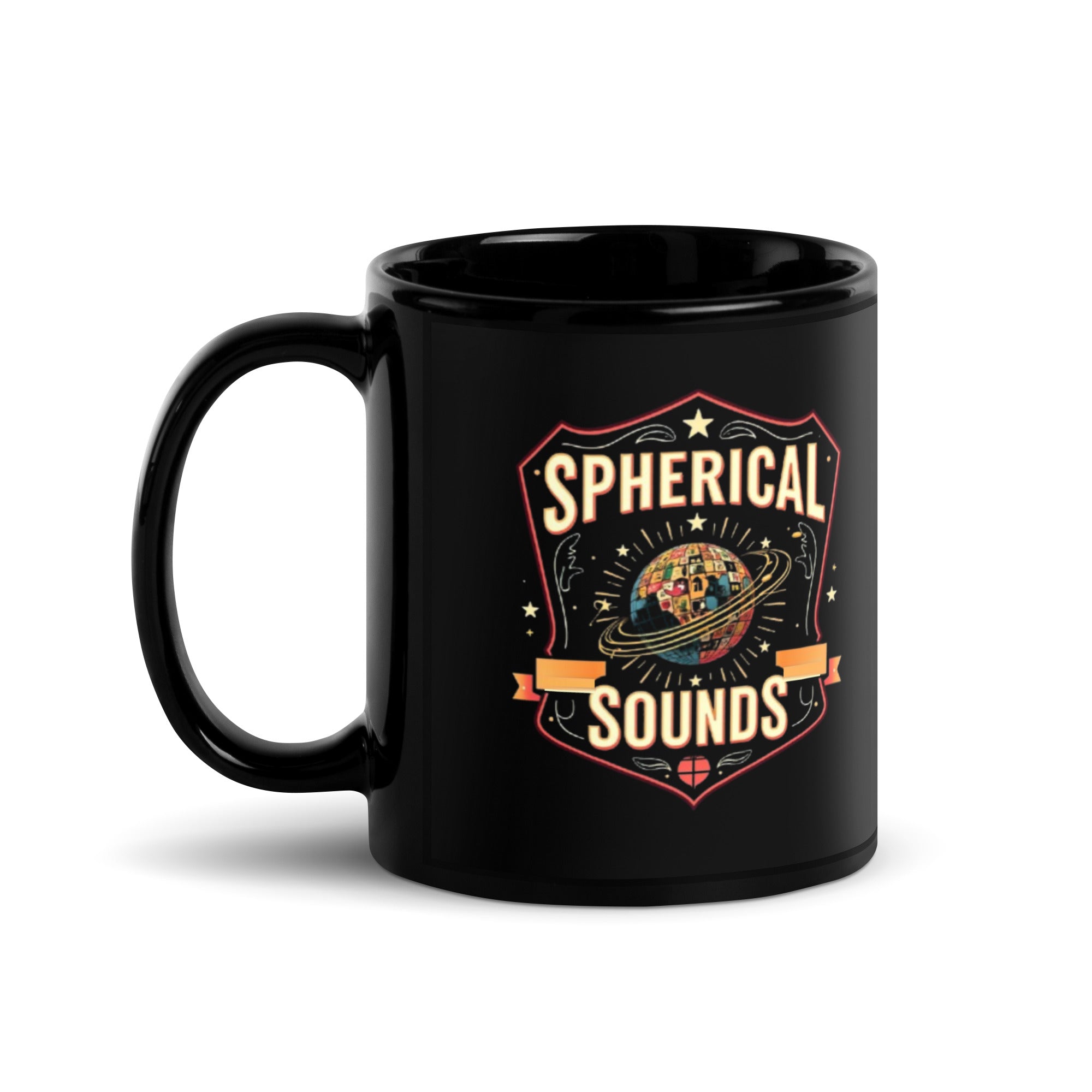 11 oz black glossy mug, handle on the left: mosaic globe crest with gold rings