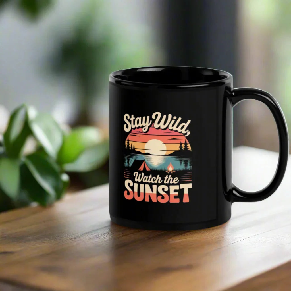Stay Wild, Watch the Sunset – Glossy Black Camping Mug - RaZits