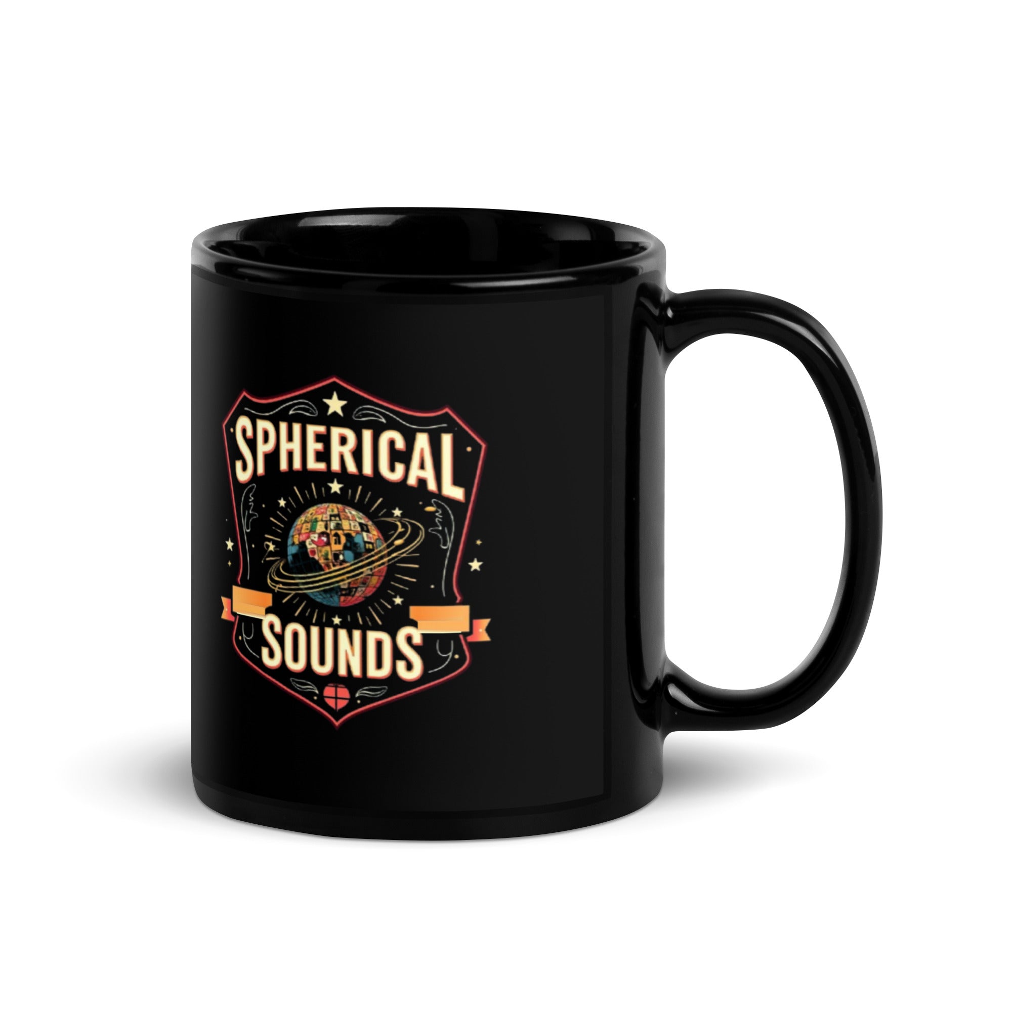 11 oz black glossy Earth mug, handle on the right: crest with a mosaic globe, gold rings and cream lettering