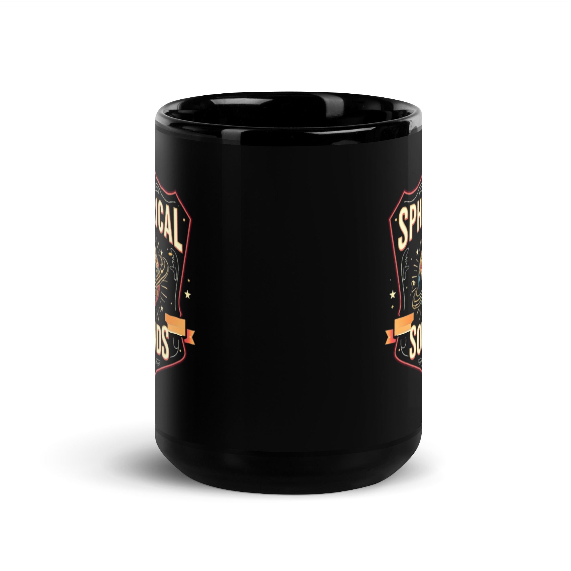 15 oz black mug, front view with the handle hidden: the edges of both crest prints showing