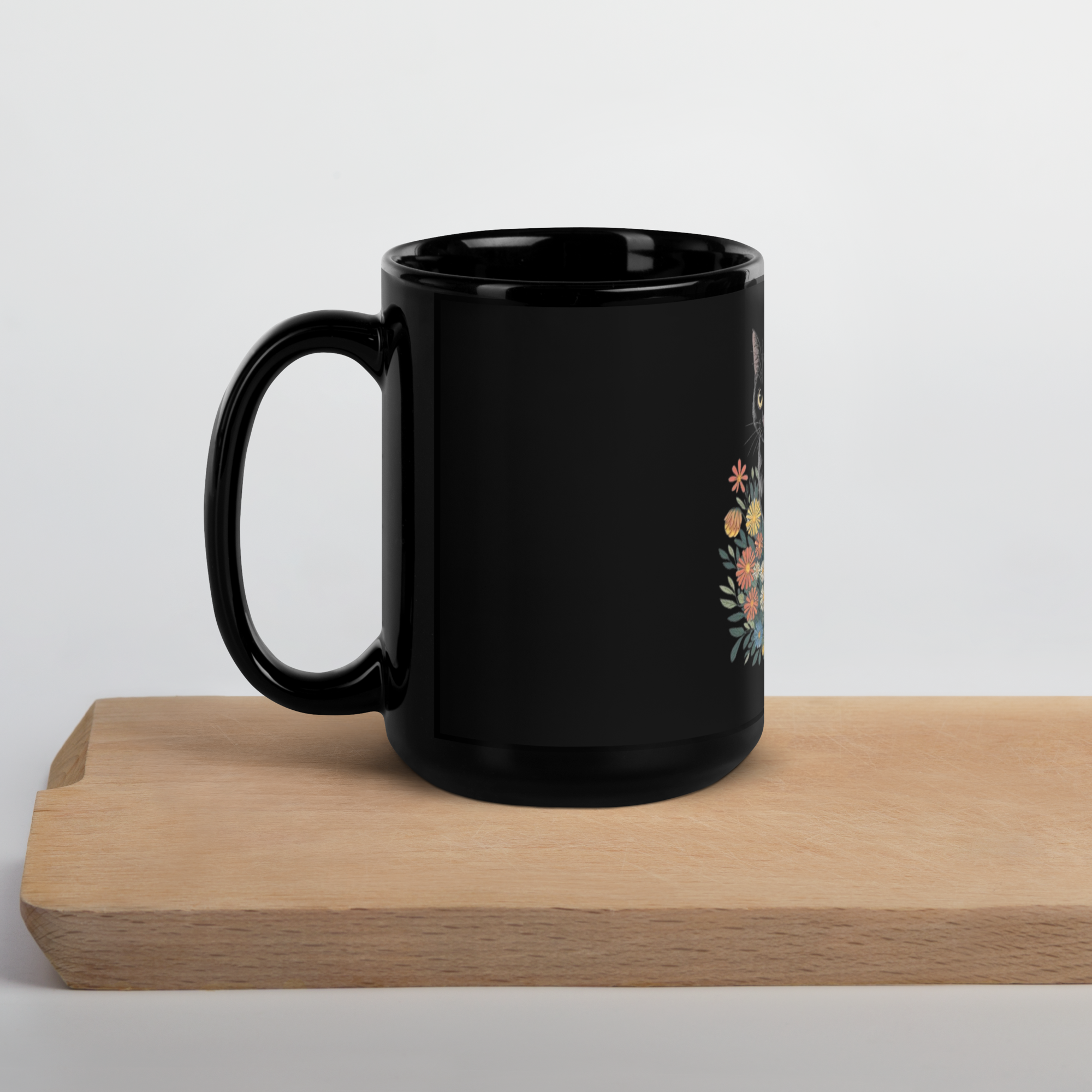 Love Black Cat Mug – Sleek Black Glossy Ceramic Coffee Cup.
