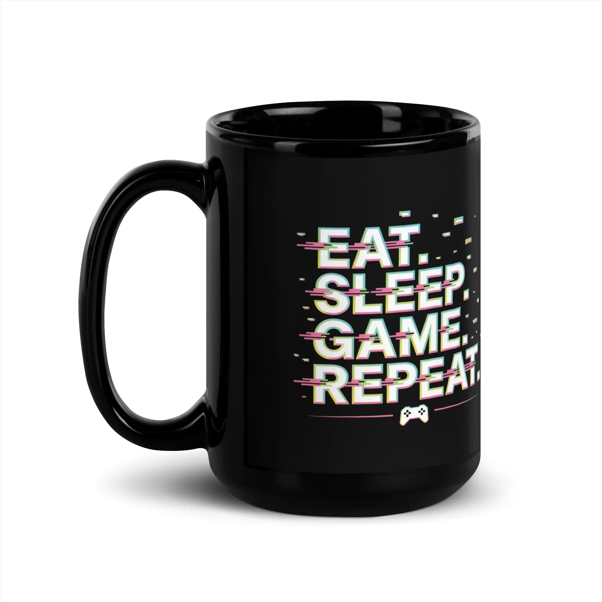 EAT. SLEEP. GAME. REPEAT. Mug | Gamer Routine & Glitch Art Design - RaZits