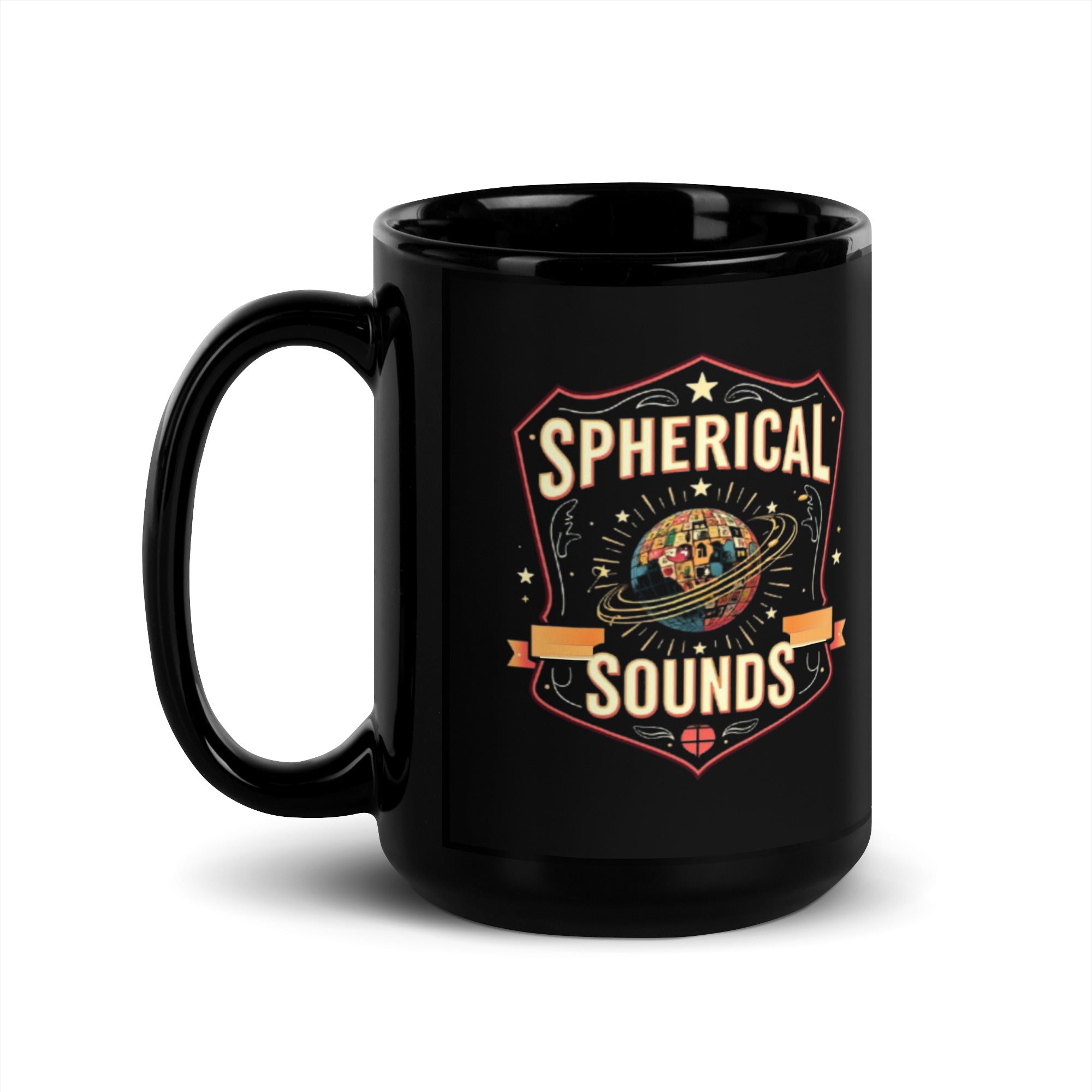 15 oz black glossy Earth mug, handle on the left: red-edged crest, mosaic globe and gold rings