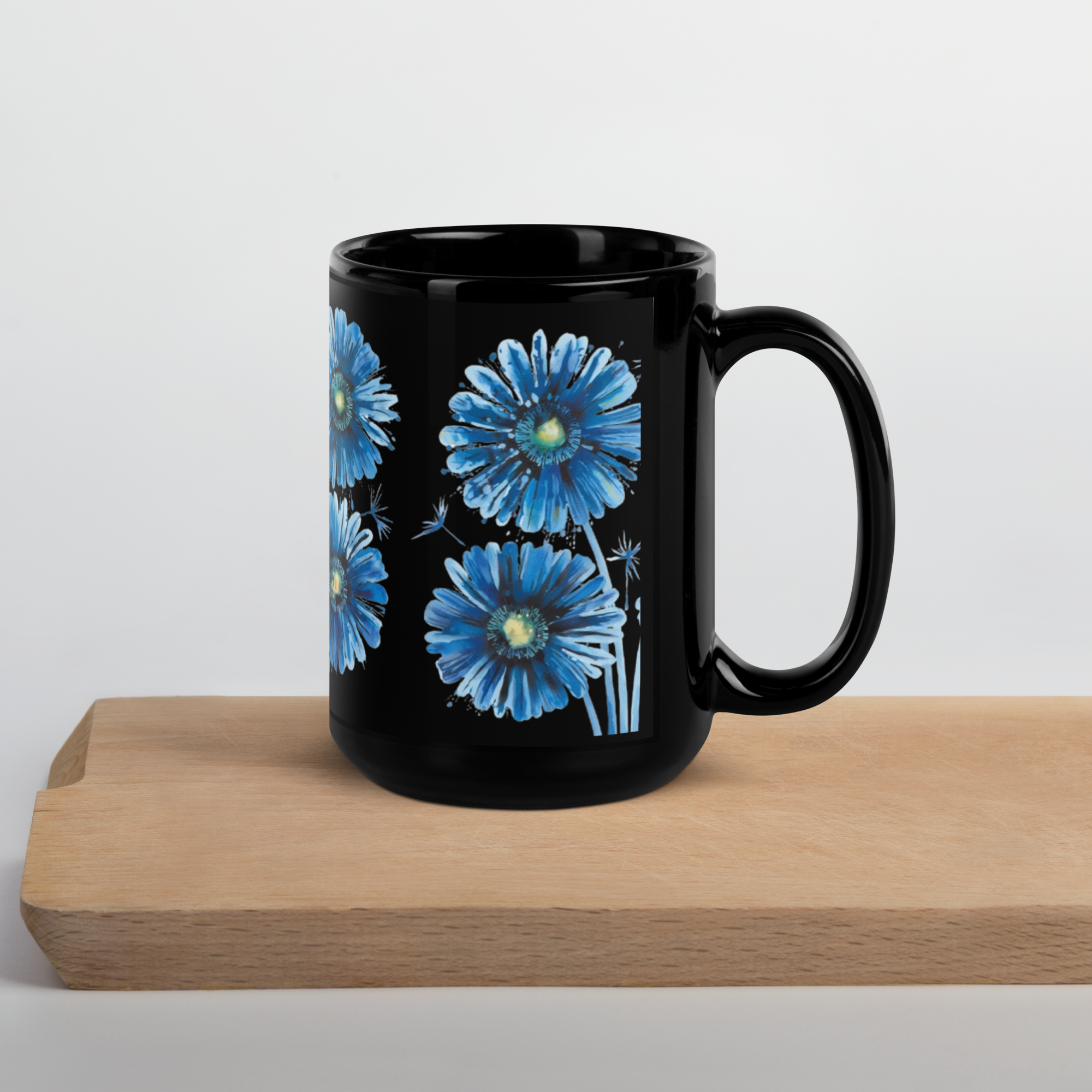 Vintage Flower Print Mug – Black Glossy Coffee Cup for Art & Tea Lovers.