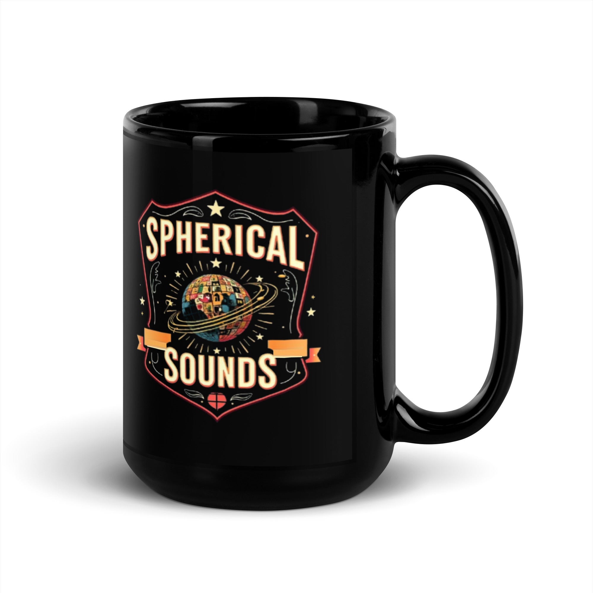 15 oz black glossy mug, handle on the right: mosaic globe crest with two plain orange ribbons