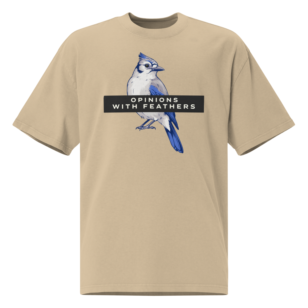 Blue Jay Shirt in Faded Khaki, front view: a blue jay under an OPINIONS WITH FEATHERS banner