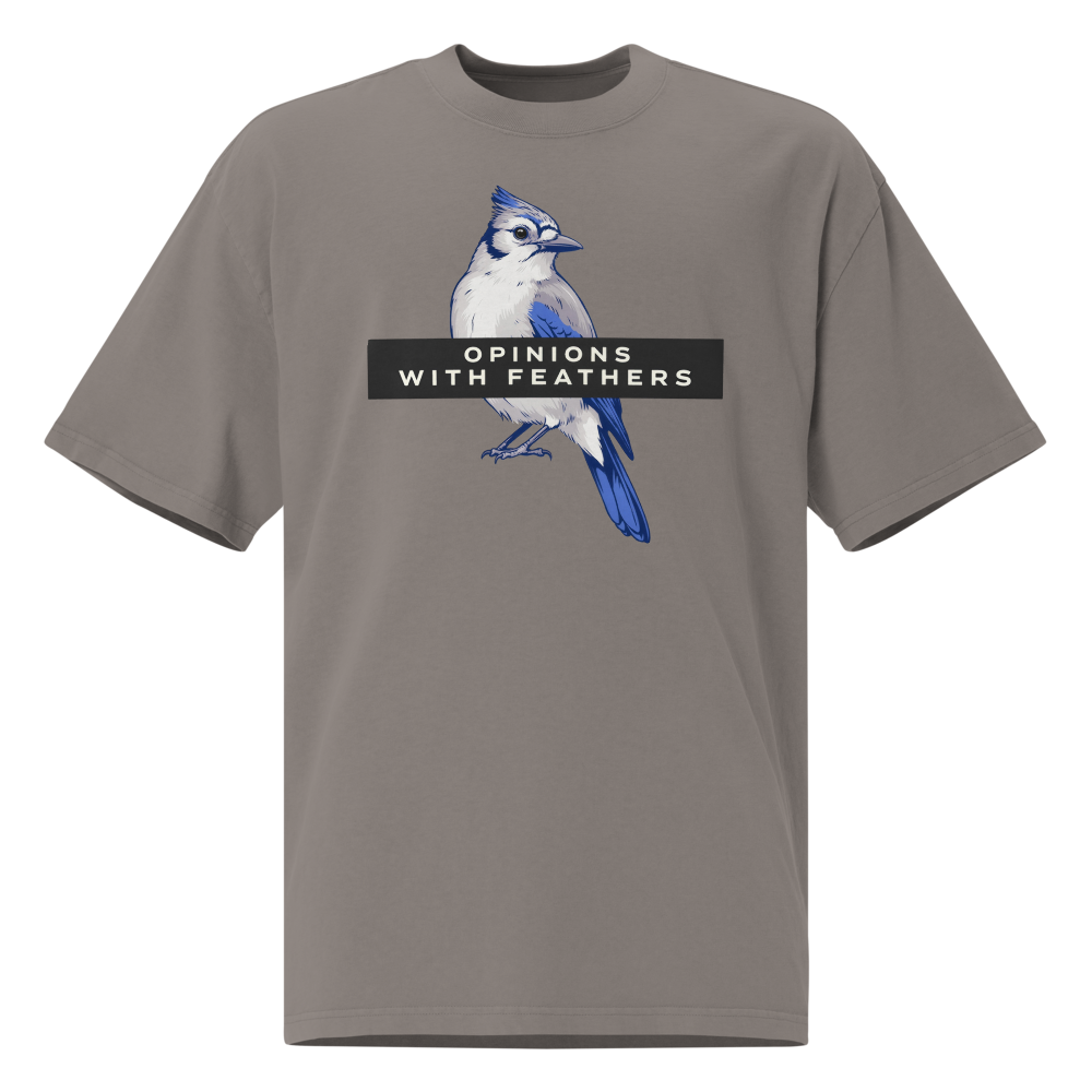 Blue Jay Shirt in Faded Grey, front view: a blue jay under an OPINIONS WITH FEATHERS banner