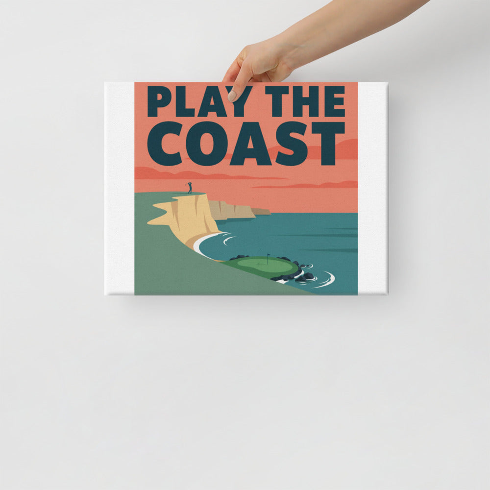 The Cove Par Three golf canvas wall art in a styled room - vintage travel-poster illustration of a clifftop par three, teal sea and coral sunset sky, lettered PLAY THE COAST