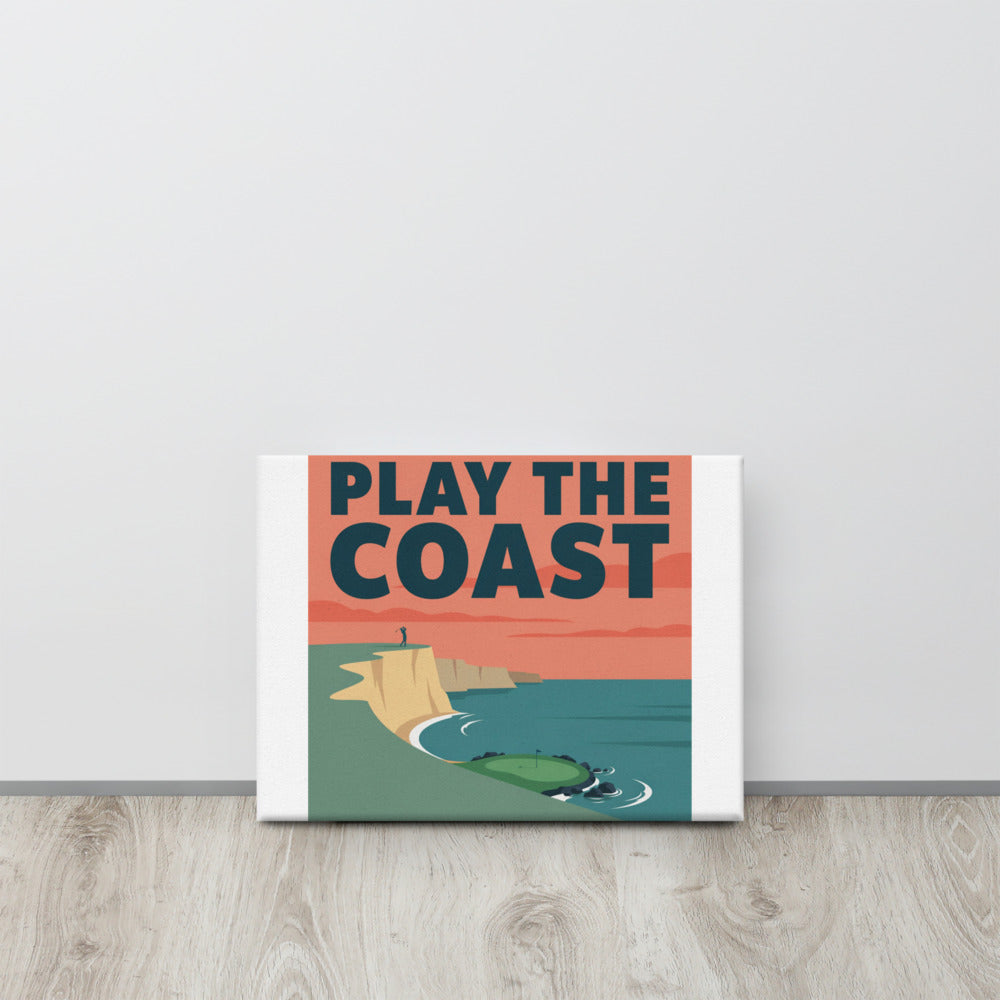 The Cove Par Three coastal golf canvas print, 12x16 in, second interior lifestyle view showing the teal, sand and coral flat-illustration palette