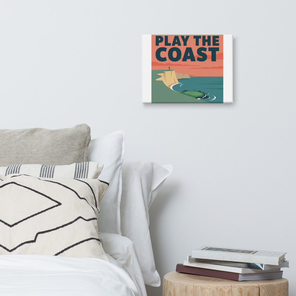 The Cove Par Three golf wall art canvas hung in a home interior, third lifestyle view of the vintage seaside golf travel poster