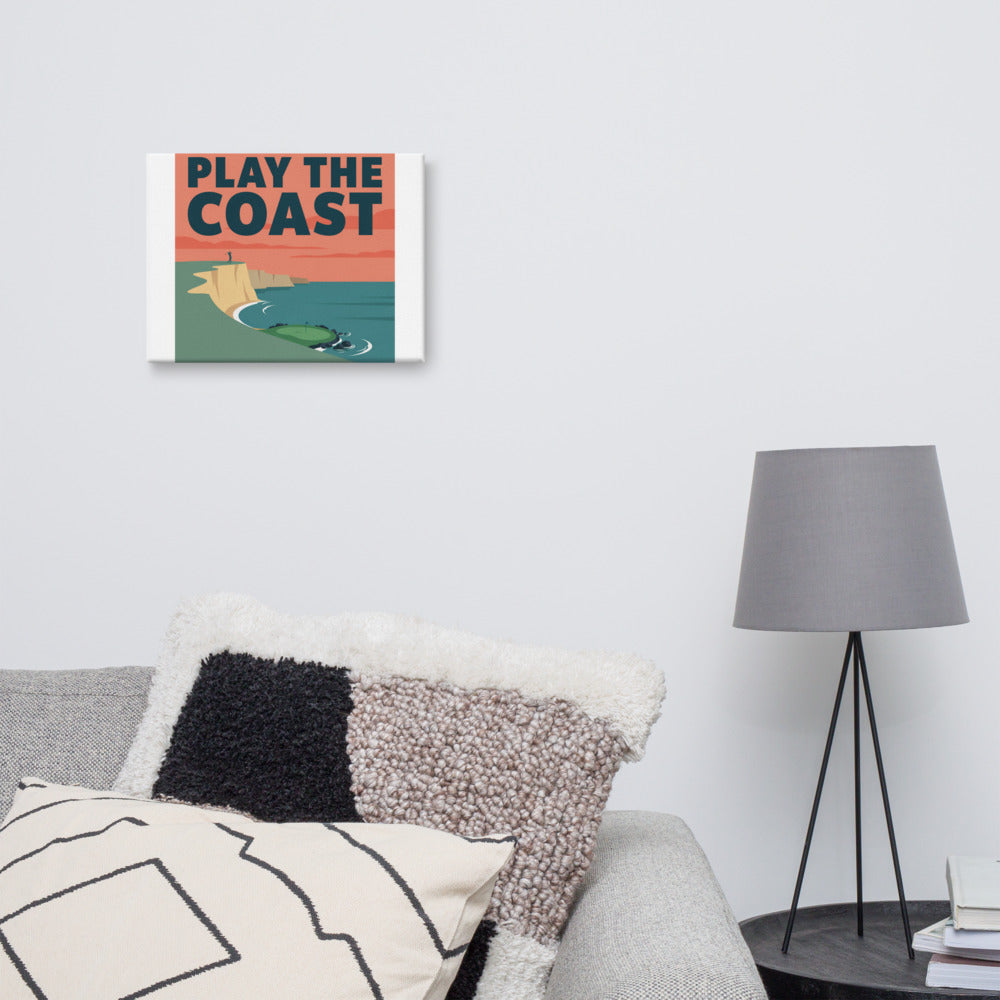 The Cove Par Three canvas golf print in a room setting, fourth lifestyle view showing the hand-stretched 1.25 inch canvas edge