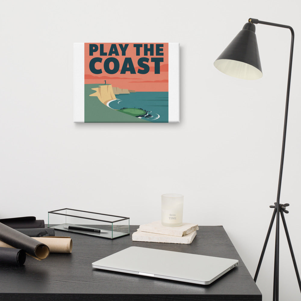 The Cove Par Three golf canvas wall art, fifth interior lifestyle view of the clifftop par-three travel poster design