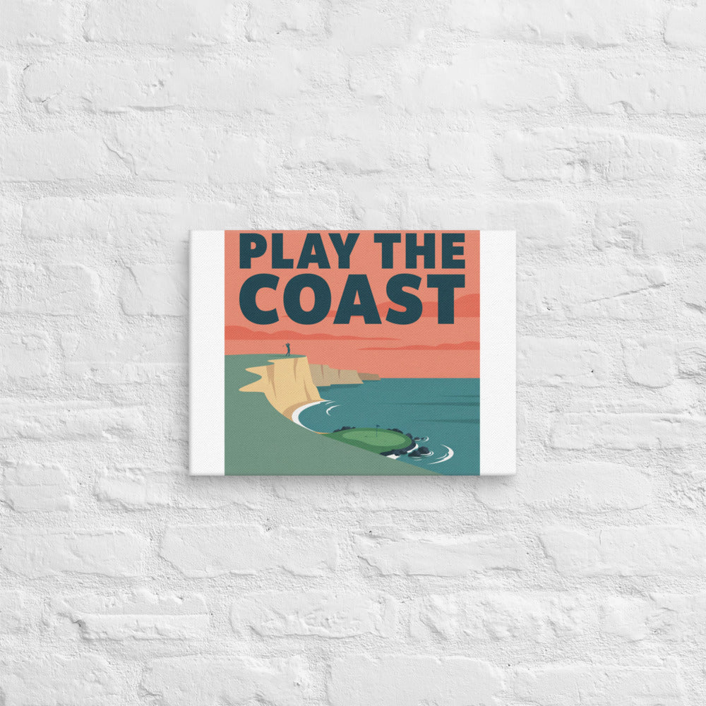 The Cove Par Three coastal golf canvas print, sixth interior lifestyle view showing the stylised white surf and headland tee box