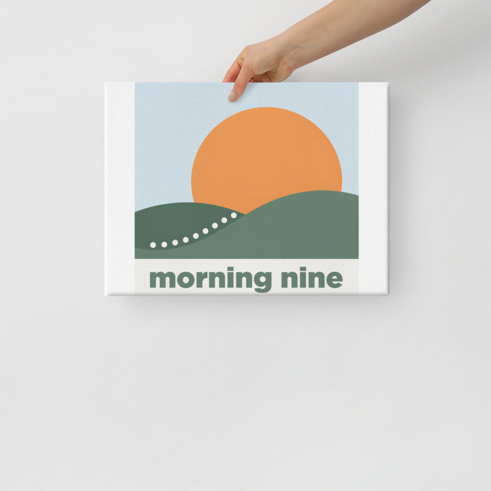 Morning Nine minimalist golf canvas wall art in a styled room - flat Scandinavian design with a large apricot sun, two pine-green hill arcs and a nine-dot fairway path