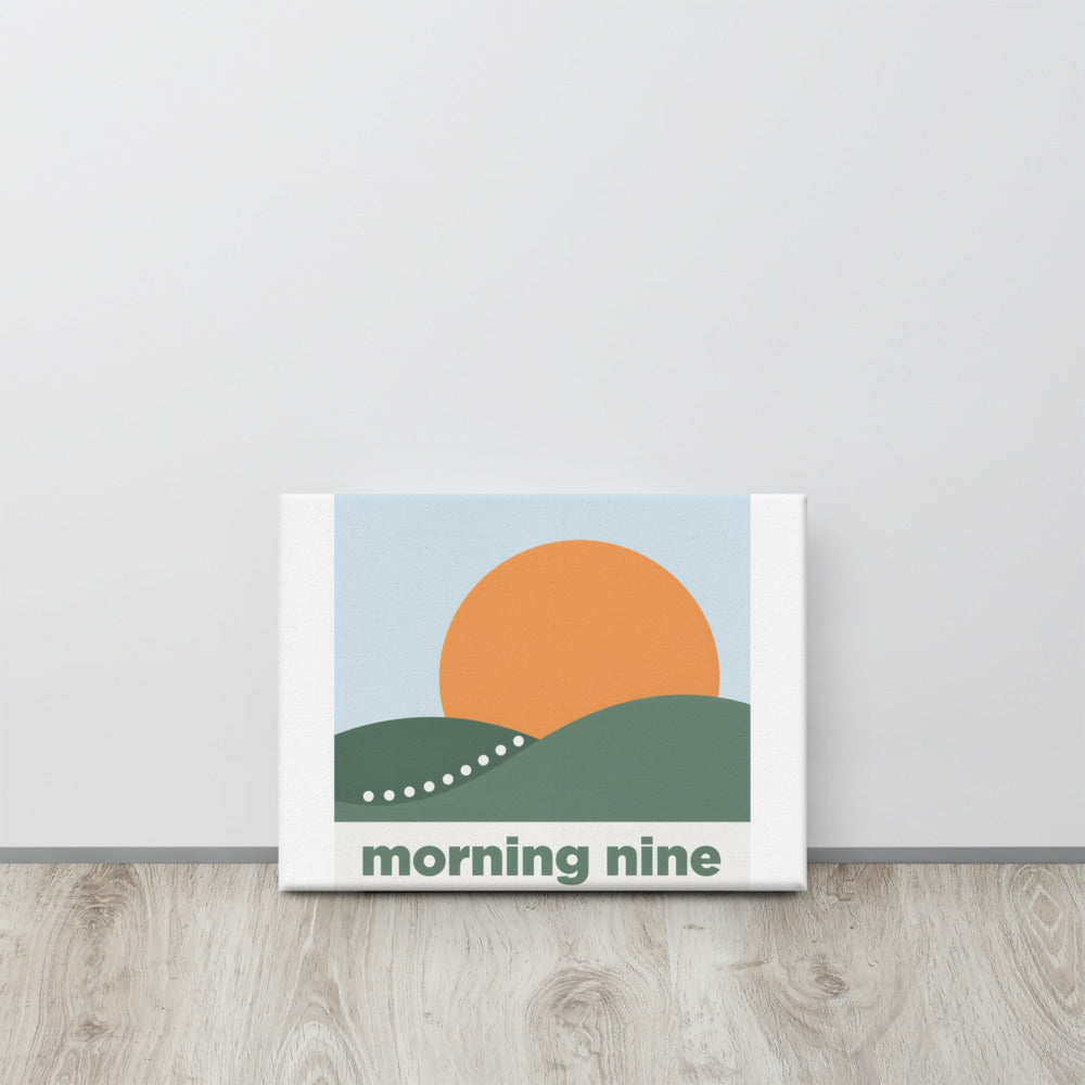 Morning Nine golf canvas print, 12x16 in, second interior lifestyle view showing the powder blue and apricot minimalist palette